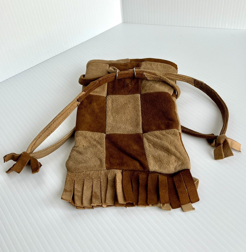 Vtg 70s Brown SUEDE leather PATCHWORK POUCH Drawstring Fringe Purse Retro SPAIN