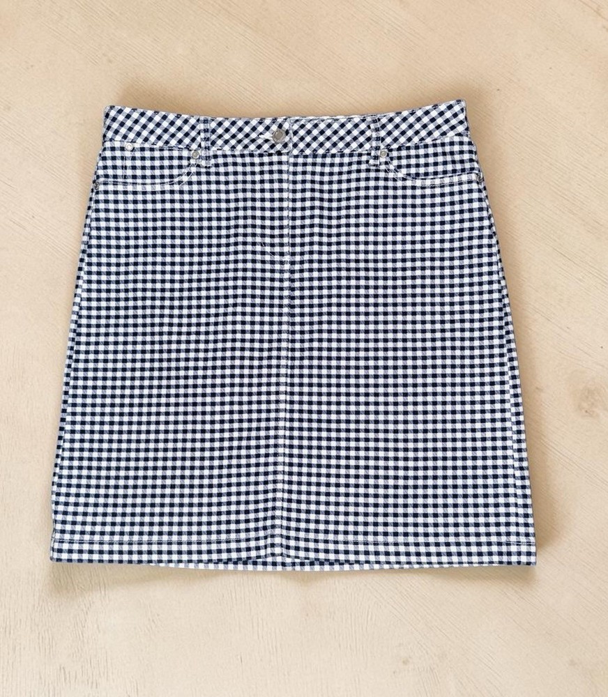 Talbots Skirt Women Size 10 Gingham Blue Navy White Stretch Cotton Blend 21” EUC