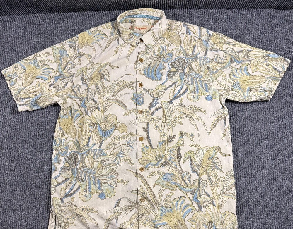 Tommy Bahama Shirt Mens Medium Tropical Floral Silk Short Sleeve Button Up Beige