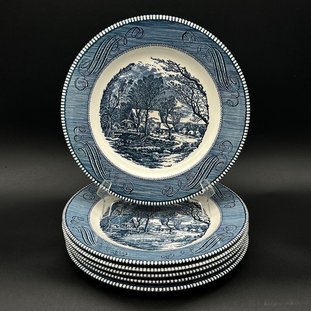 Vtg Royal China Currier & Ives Old Grist Mill Set Of 6 Dinner Plates 10” USA