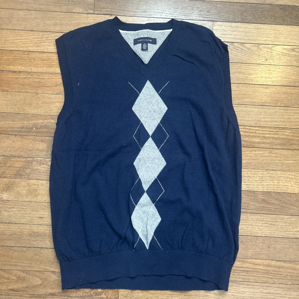 Tommy Hilfiger V-Neck Pullover Sweater Vest Men's XL Blue w/ Grey Argyle EUC