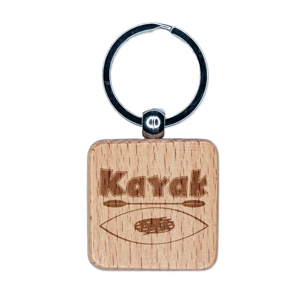 Kayak Doodle Engraved Wood Square Keychain Tag Charm