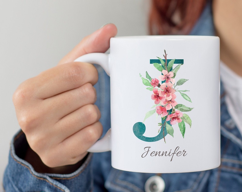 Personalized Monogram Initial Name Mug Floral Alphabet Cup Birthday Gift