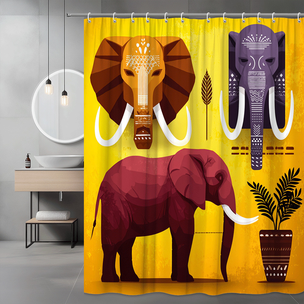 Elephant Graphic Shower Curtain Yellow African Safari Print