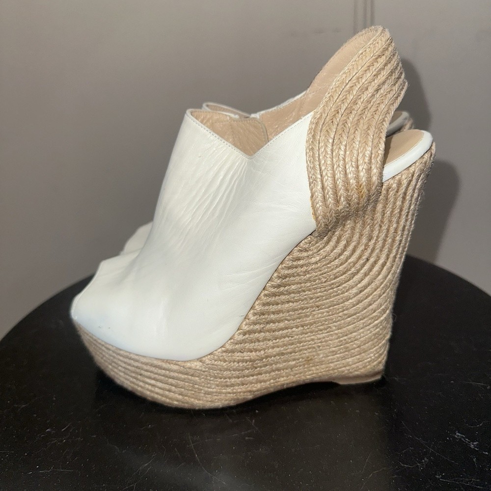 GUCCI Cream Leather Raffia Wedge Slingback Sandals Size EU 37.5
