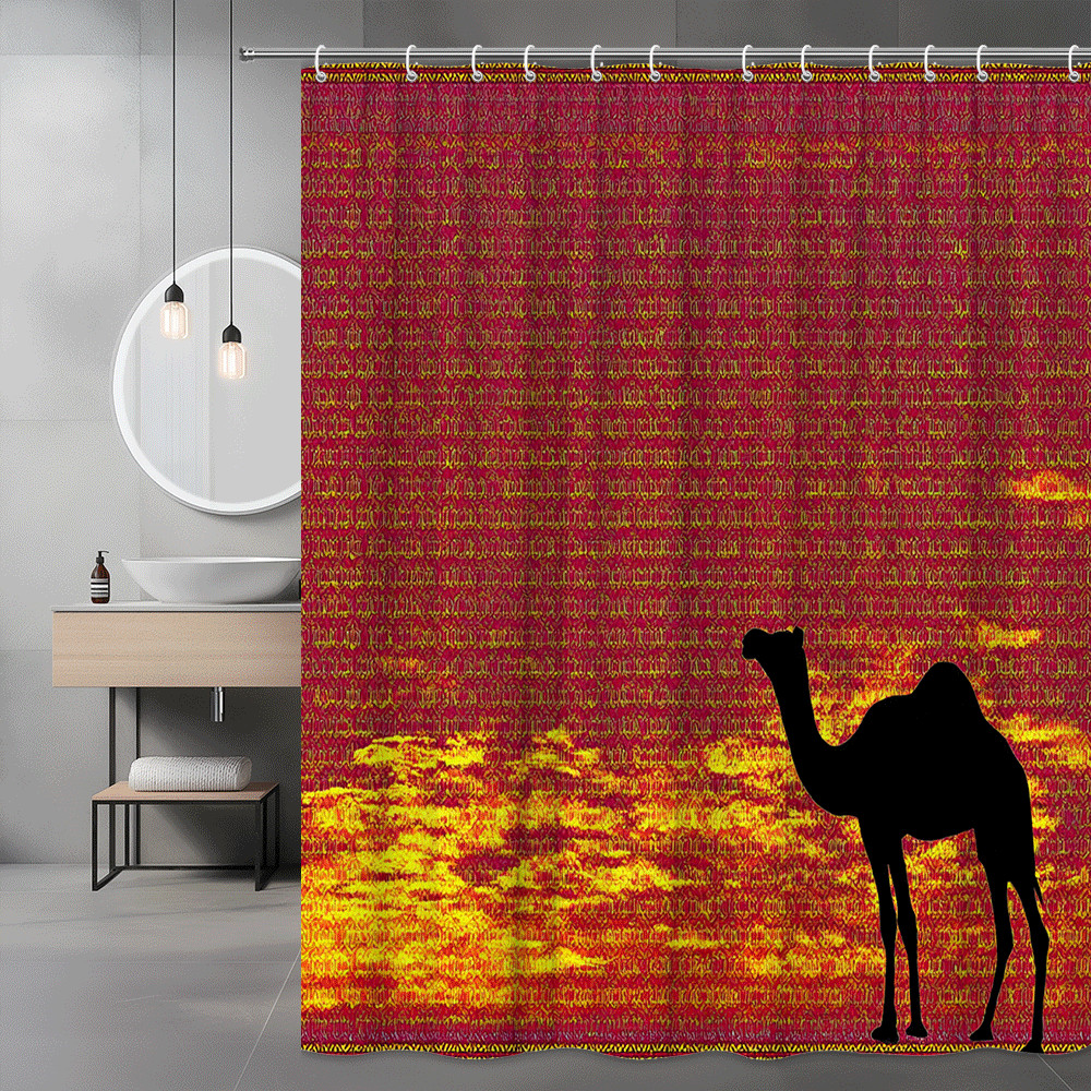 Camel Silhouette Shower Curtain Red Yellow Sunset Print