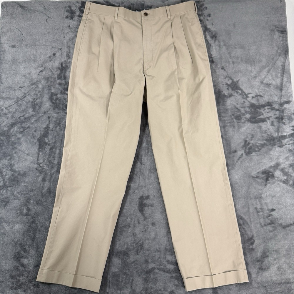 Brooks Brothers Men's Beige Cotton Double Pleated Straight Preppy Pants 38x32