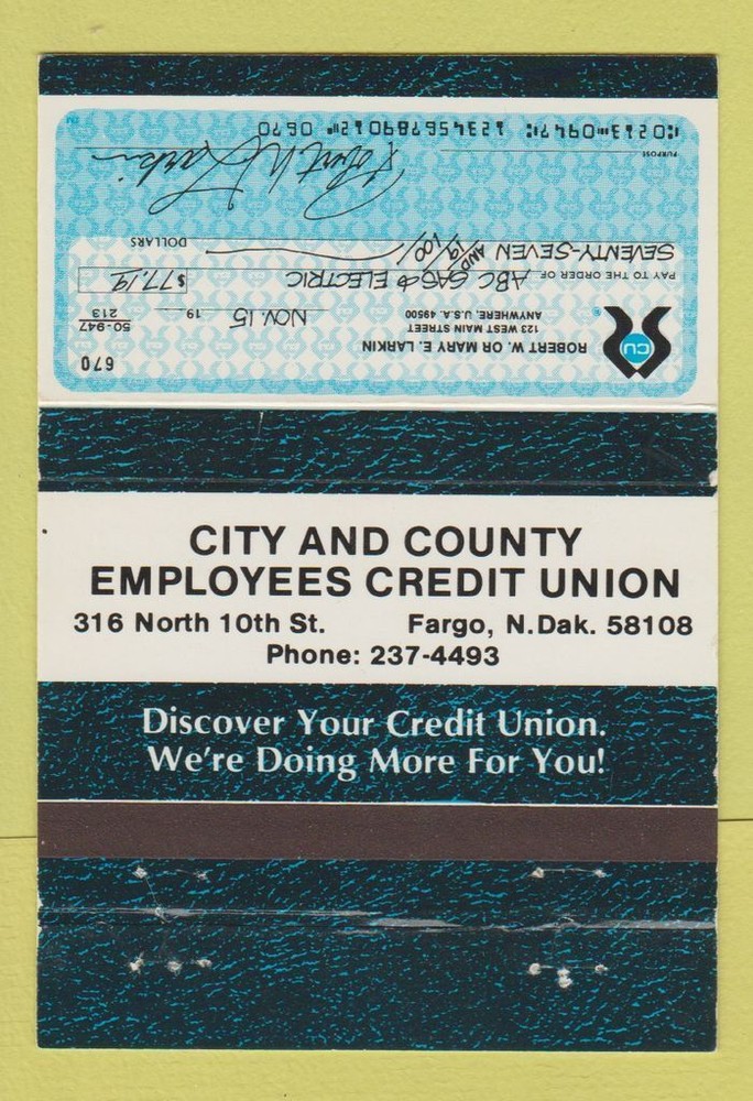 Matchbook Cover - City and County Employees Credit Union Fargo ND 40 Strike