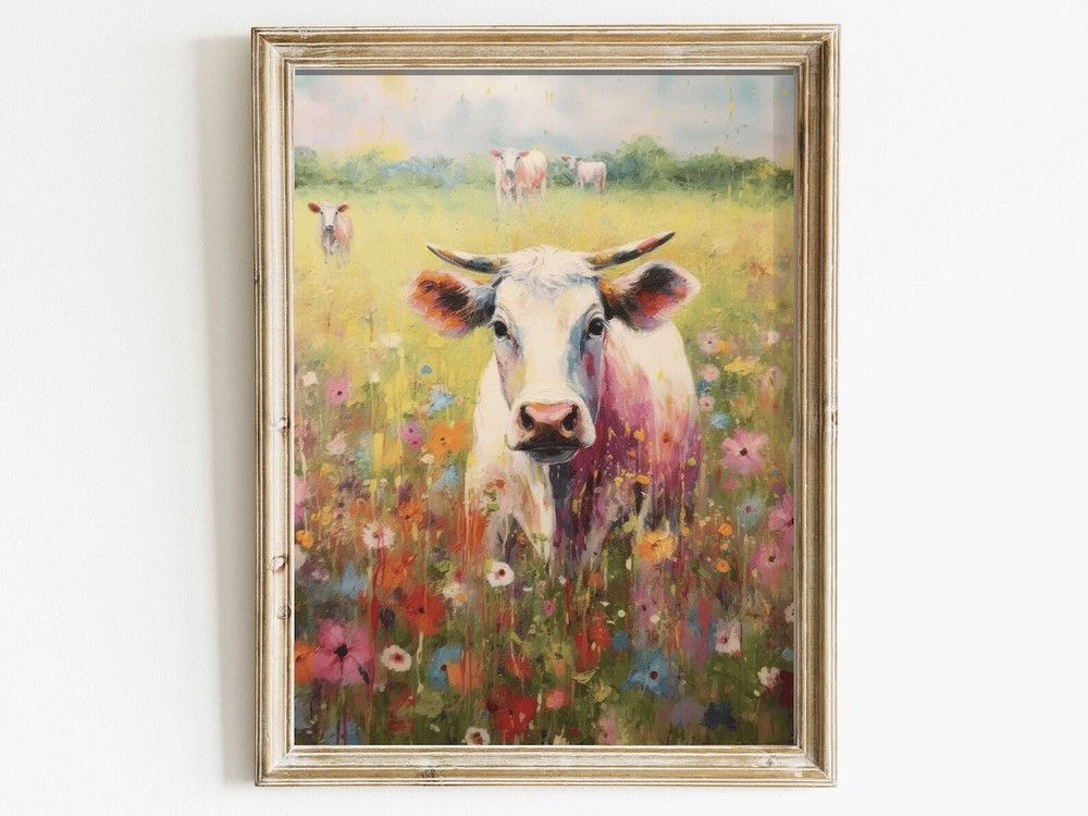 Vintage Bull Cow Painting Rustic Country Home Decor Wildflower Meadow Farmhouse