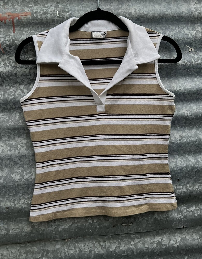 VTG 90s Rave Stretch Striped Polo Crop Top Preppy Golf Tennis Festival Y2K Tank