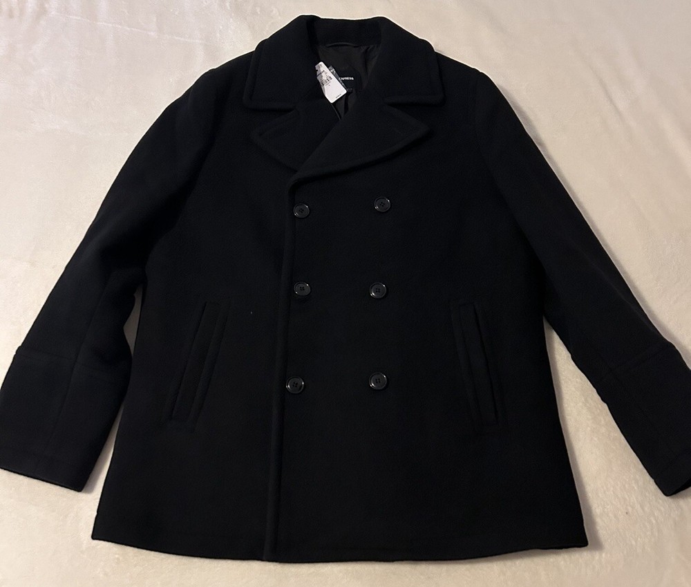 Men’s Express Black Peacoat L 56% Wool