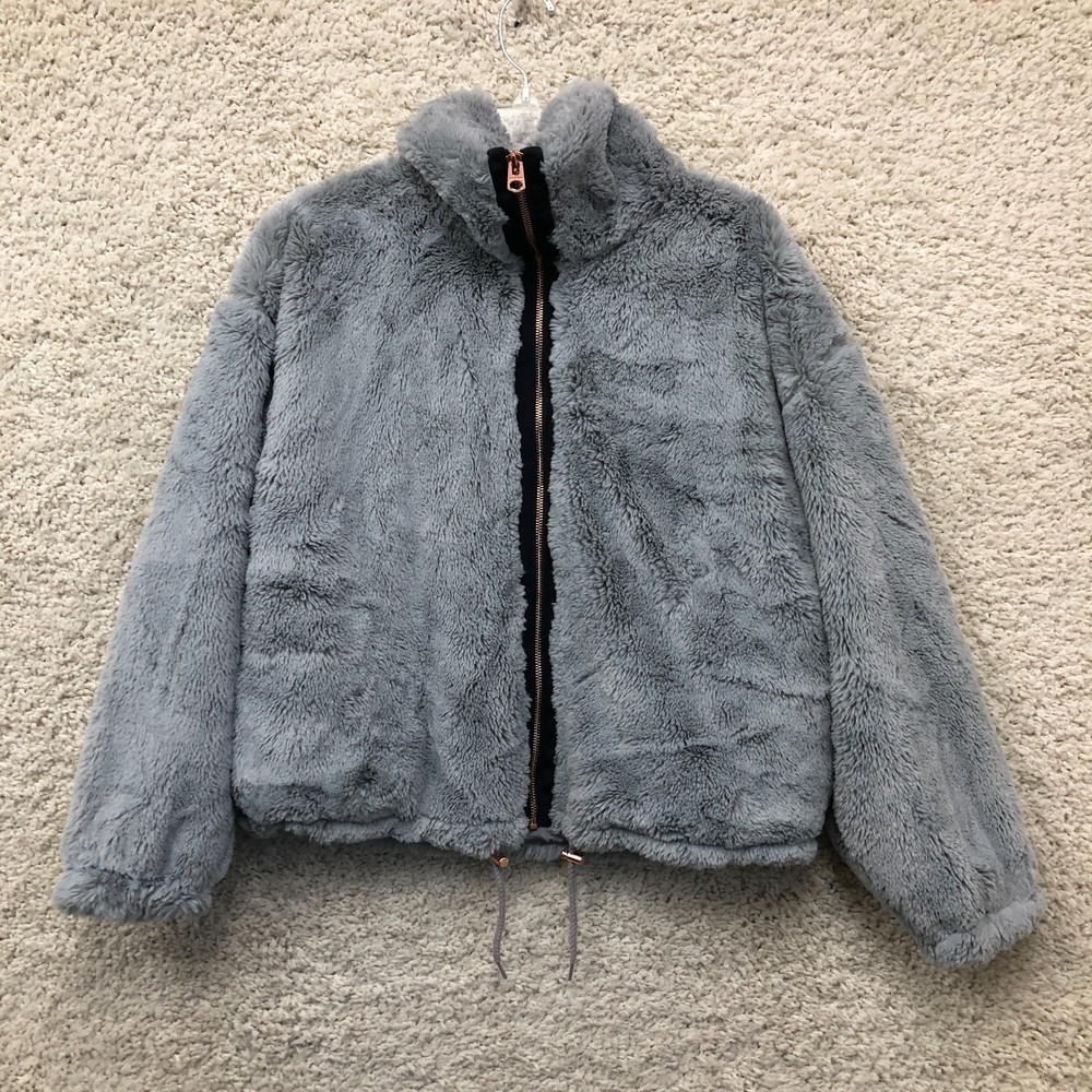 Lucky Brand Jacket Large Gray Faux Fur Bomber Teddy Fleece Soft Fuzzy Zip Coat L
