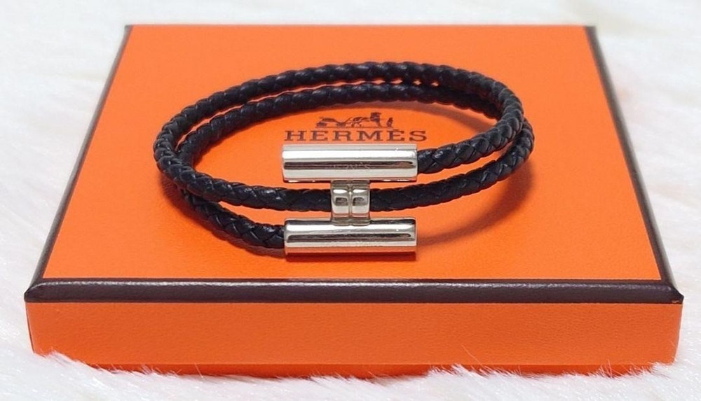 HERMES Tourni Tresse T3 Bracelet in Black Leather and Steel with Original Box