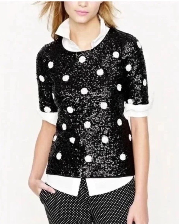J Crew  Women’s Polka Dot Sequin Top Size XS Black White Short Sleeve KK