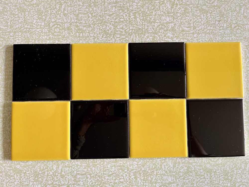 8 pcs Ceramic Gloss Glazed  Black/Yellow Block Tile,  Mexico 4.25x4.25 Art