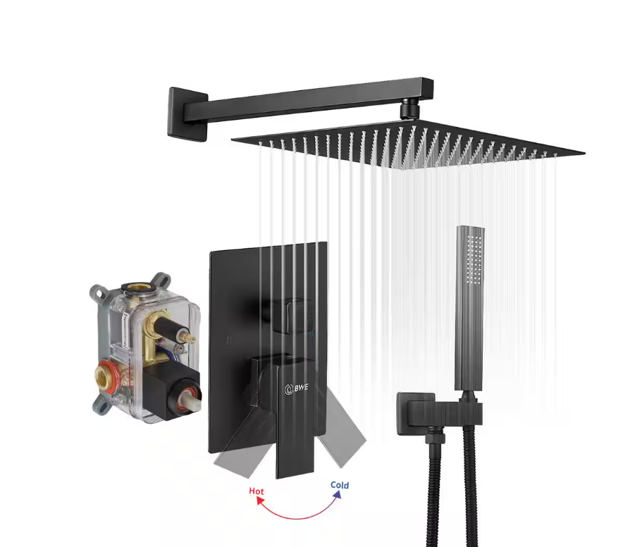 BWE 10 Inch Square Black Showerhead 2-Spray 2.5 GPM Faucet AS-IS