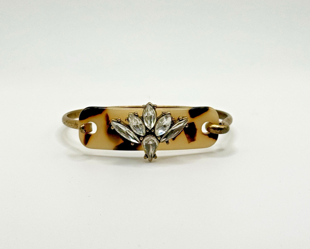 J Crew Faux Tortoiseshell Rhinestone Hinged Bangle Gold Tone Bracelet
