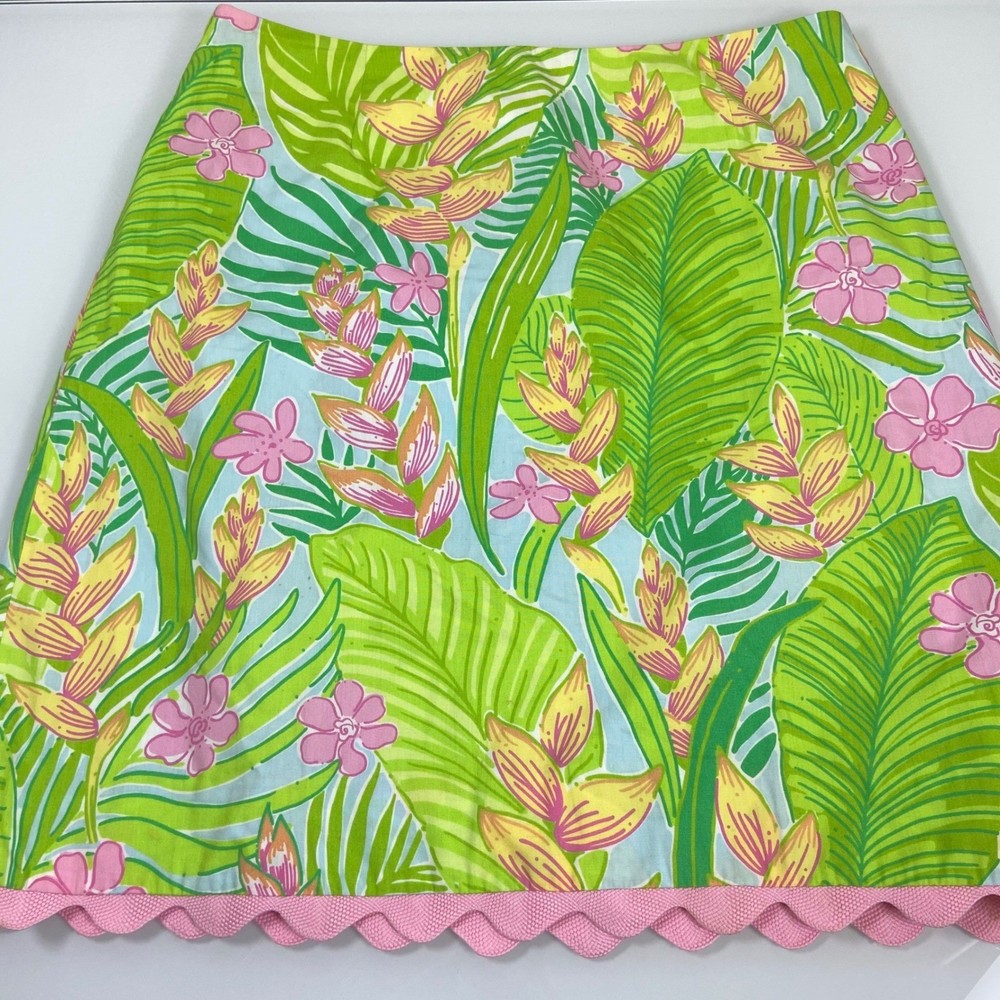 Lilly Pulitzer Womens 8 Green Tropical Floral Scalloped Hem Mini Skirt Vacation