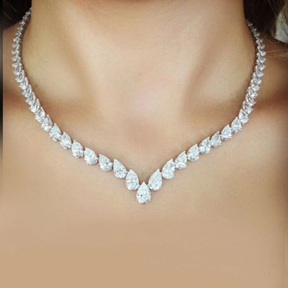 40Ct Pear Cut Lab-Created Diamond Tennis Necklace 14K White Gold Plated Silver