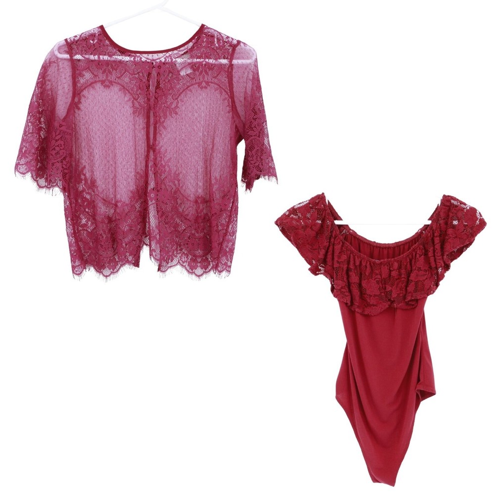 Lace Top Set Of 2 Women XS Burgundy Feminine Witchy Gypsy Festival Romantic Boho