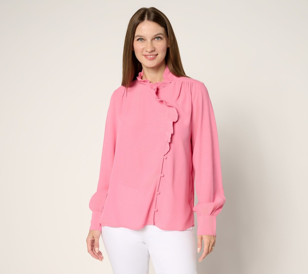 Me by Jennie Garth Women's Top Sz M Bianca Ruffle Blouse Pink A689186