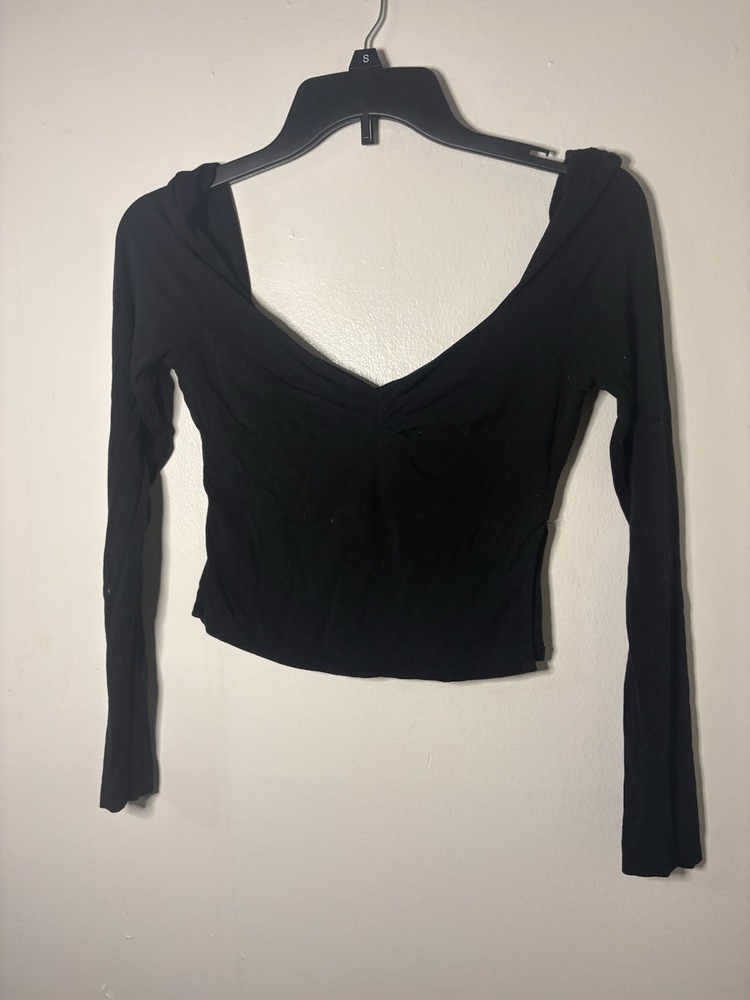 Aerie Women's Black Solid V-Neck Long Sleeve Cropped Pullover Top Size S