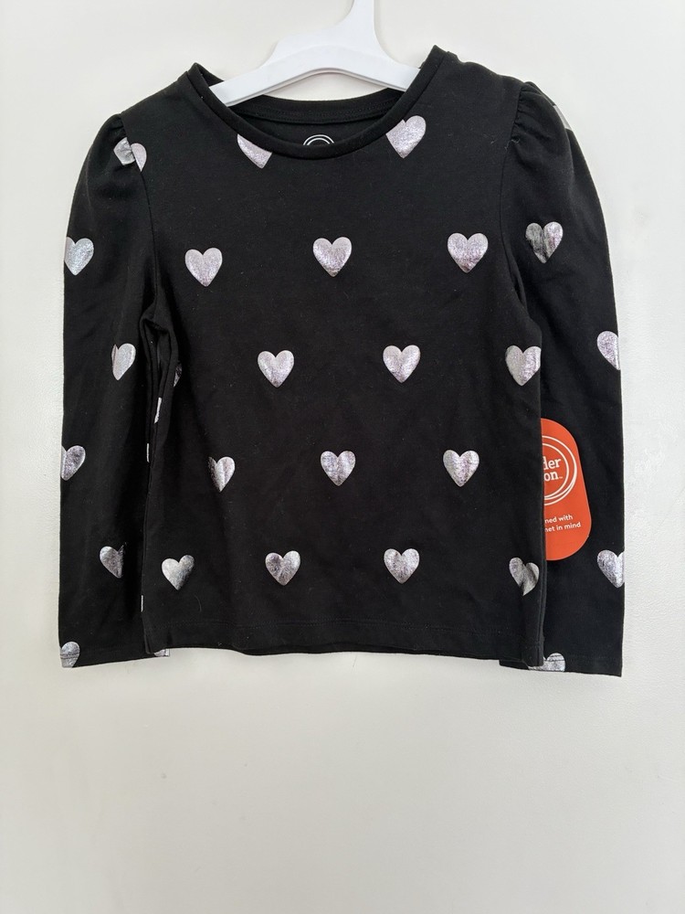Wonder Nation Kid Girl Silver Heart Pleated Shoulder Crewneck Shirt Black Var Sz