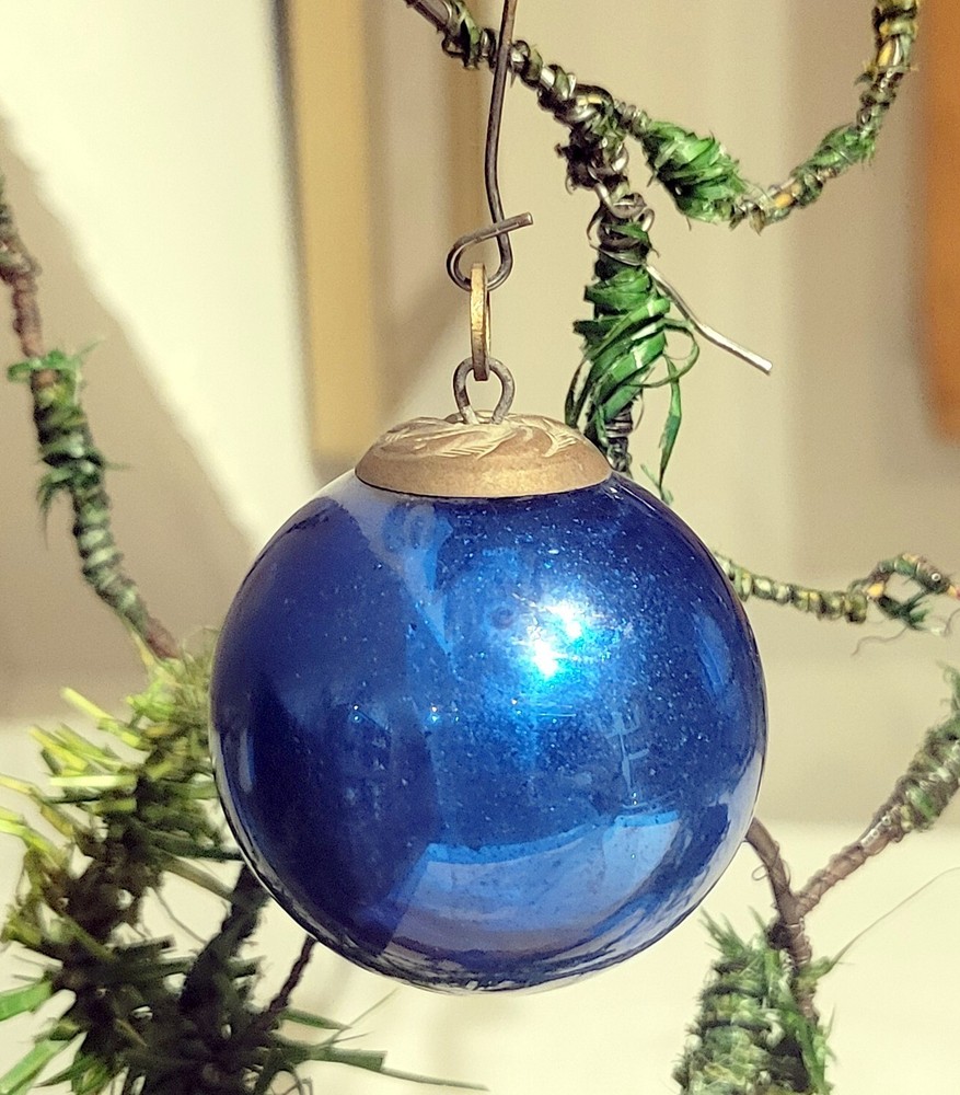 German Kugel Bright Blue 1890s Heavy Glass Ornament, Brass Cap on Top. 2