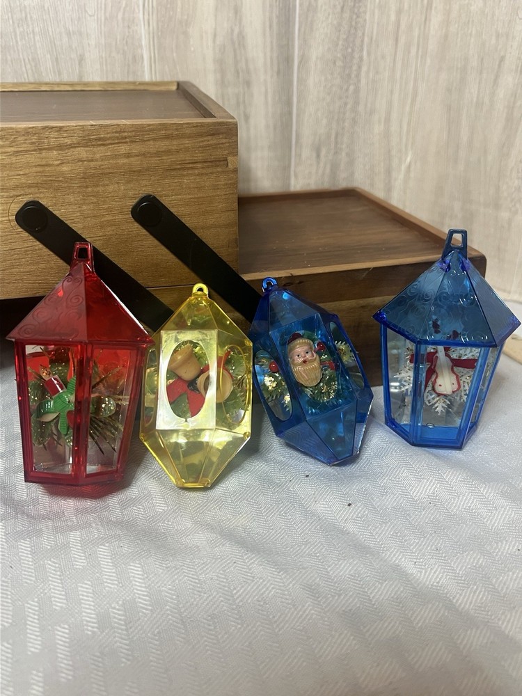(4) VTG Jewel Brite Lantern Diorama Christmas Ornament Santa Elf Bells Flower