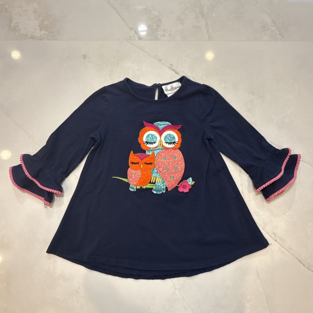 Rare Editions Girls 6X Navy Owl Applique Top Long Sleeve Ruffle Trim Glitter
