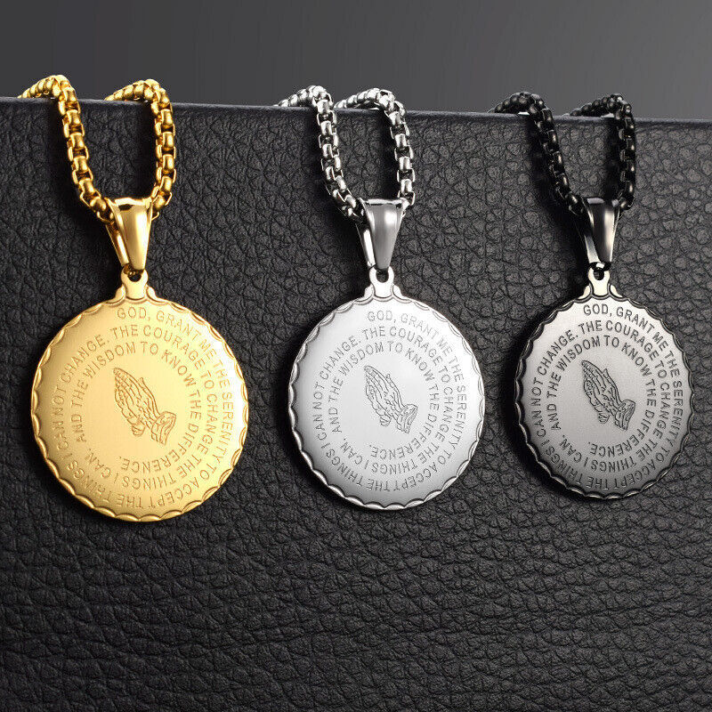 Men Women Cross Pendant Necklace Stainless Steel Lord's Praying Hands Chain Gift