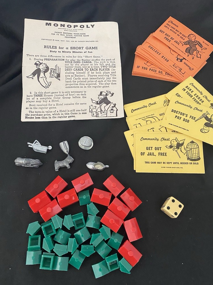 Game Parts Lot Token Die Houses Rules Chance Community Chest Cards VTG 1961
