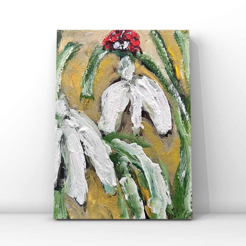 Snowdrop White Flowers & Ladybug Original Miniature Oil Painting Art