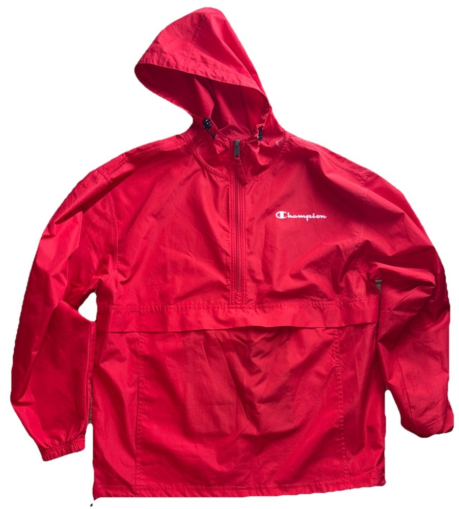 Champion Jacket Men Med, Windbreaker Red Polyester Pullover Hoodie Anorak Vtg