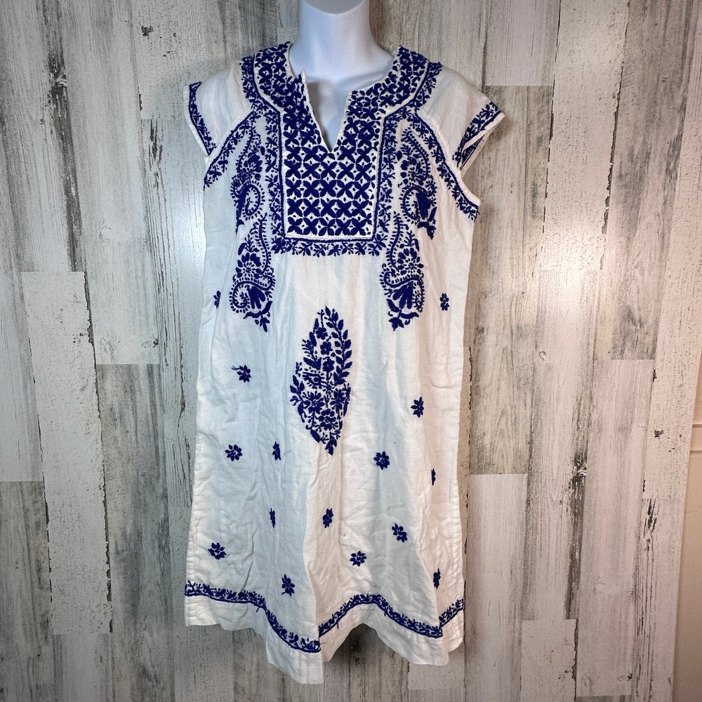 Roller Rabbit Linen Dress Size Small | White & Blue Embroidery | MSRP $178