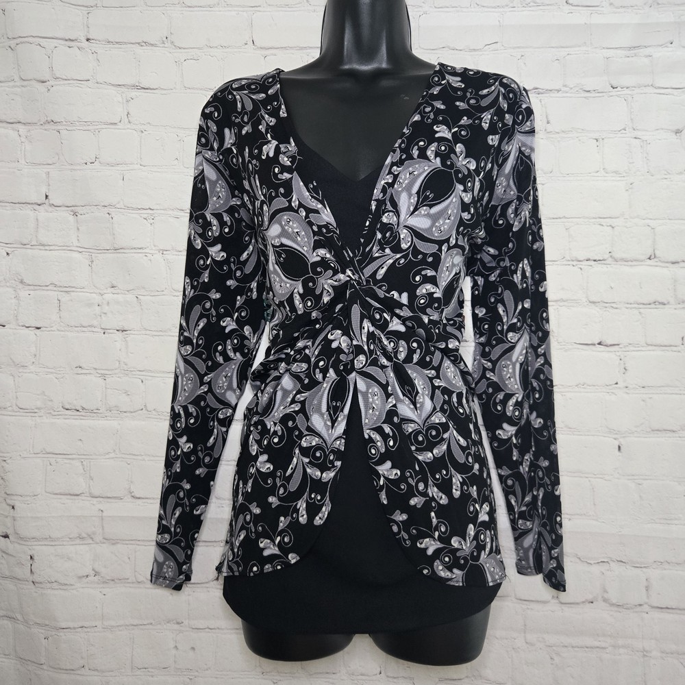 Apt 9 Semi Sheer Micromesh Paisley Floral Layered Twist Front Whimsygoth Blouse