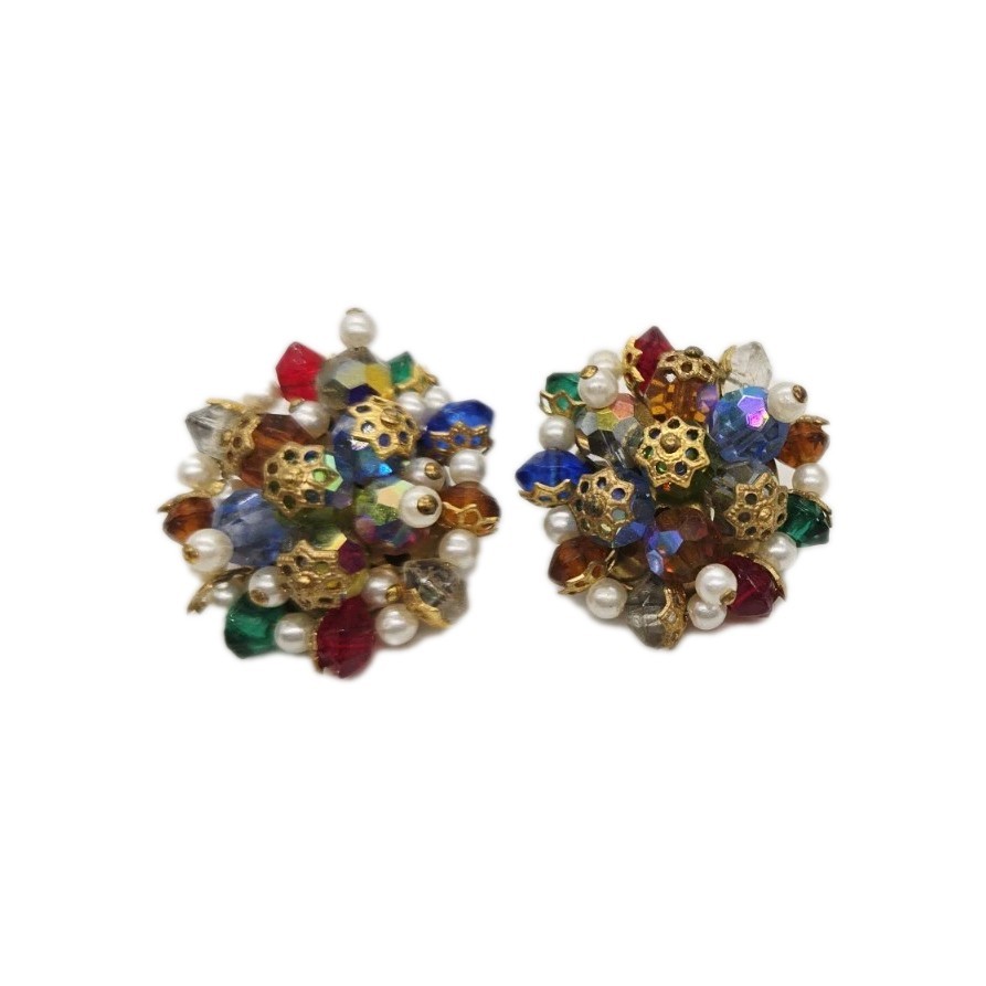 Clip On Earrings multicolored Rhinestone Crystal Faux Pearl Gold Tone Filigree