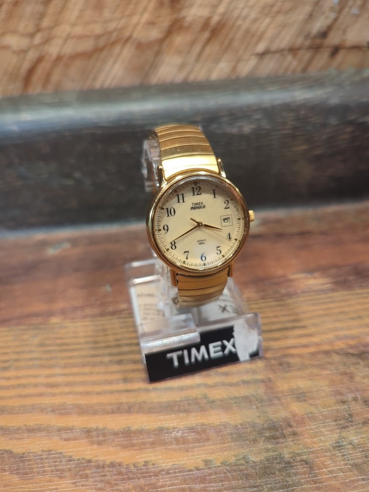 Timex Indiglo Watch Men Gold Tone Stainless Steel  Gold Dial Easy Reader W/ Date