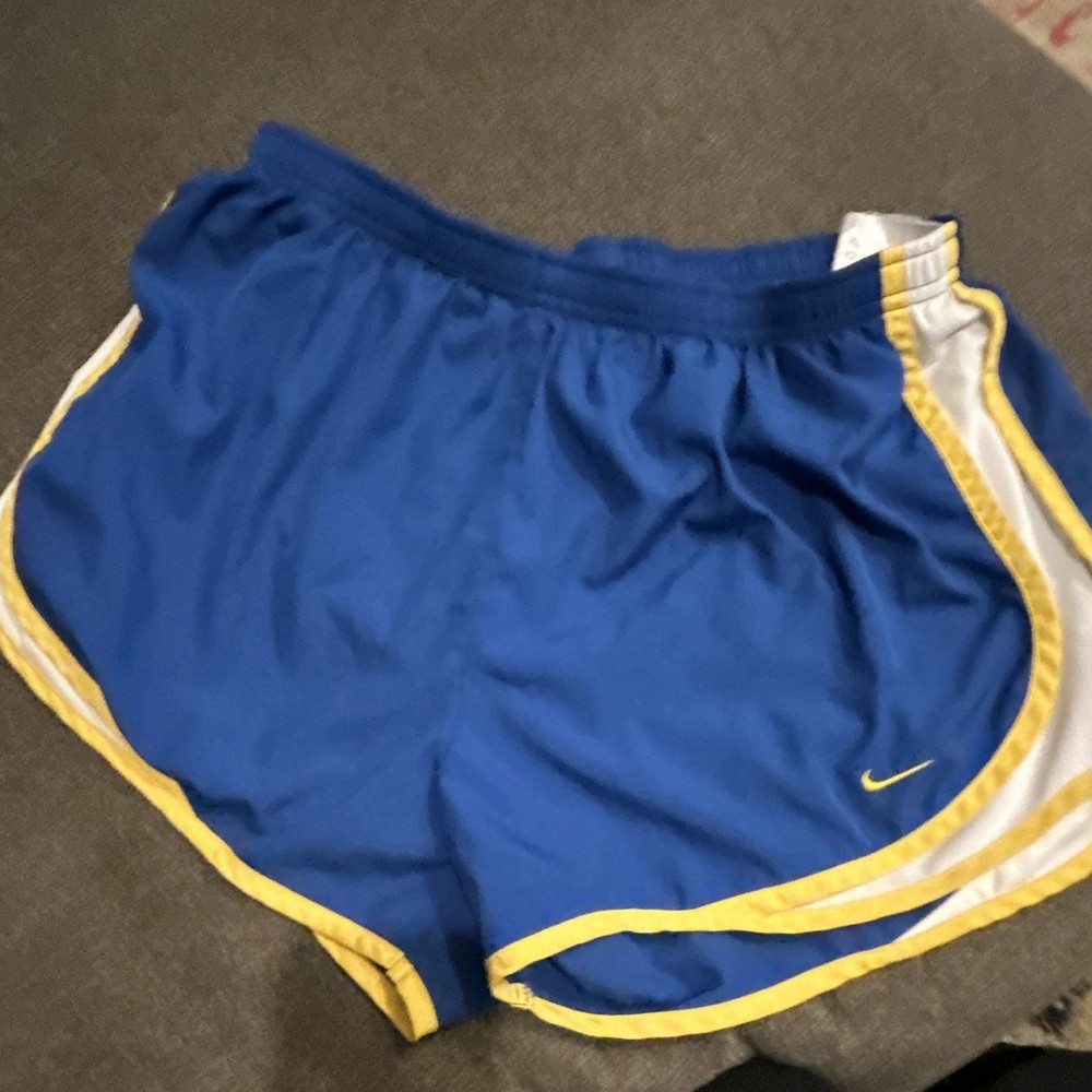 Nike Women's Blue Athletic Running Shorts Yellow Trim Logo Elastic Waist L