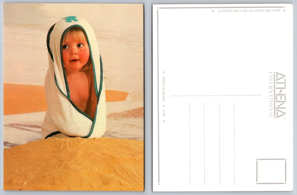 Vintage Athena Postcard Baby Toddler in Towel on Beach Tony Stone 9783