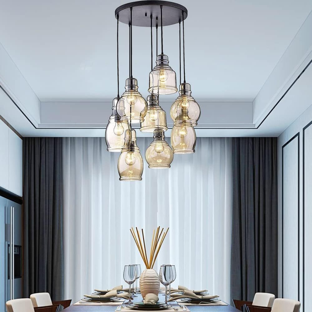 Vintage Kitchen Island Pendant Lights Linear 8-Light Cognac Glass Chandelier
