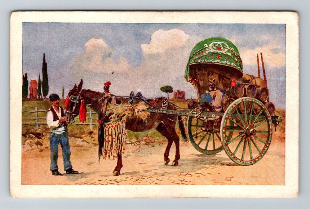 Italy- Rome Horse & Decorative Wine Cart Souvenir Postal Old PC Vintage Postcard
