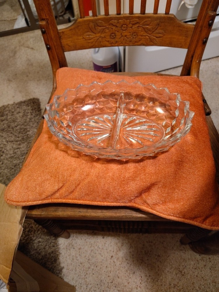 VINTAGE AMERICAN FOSTORIA CLEAR CUBIST DIVIDED RELISH/VEGETABLE OVAL DISH  10
