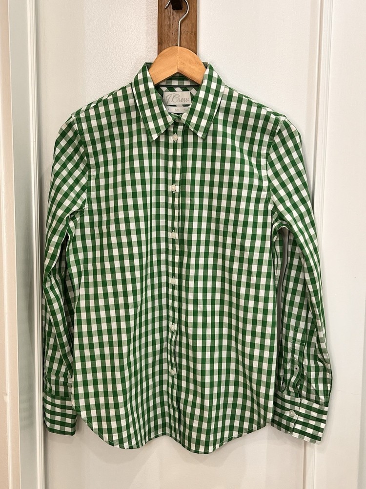 J Crew Women’s Poplin Gingham Green  100% Cotton Button Up Shirt Size 2