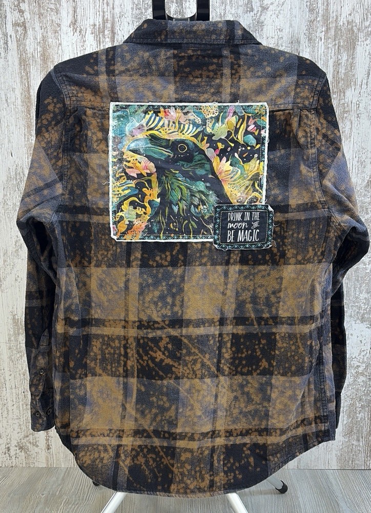 Angry Minnow Sz Large Black Bleached Plaid Raven Patch Soft Brush Flannel Shirt