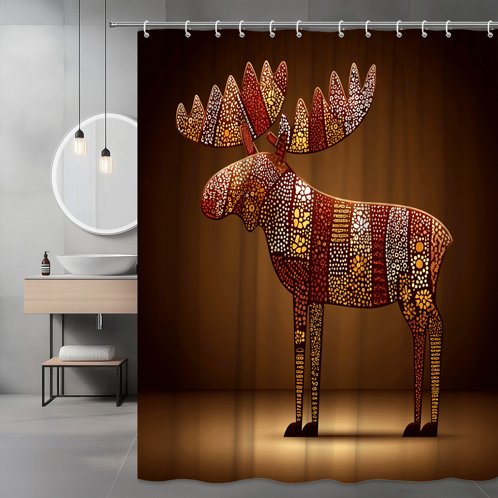 Moose Shower Curtain Brown Orange Mosaic Animal Print
