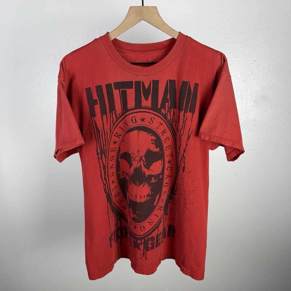 Y2K Hitman Fight Gear Cage Vintage MMA Skull Distressed Red T Shirt Size Large