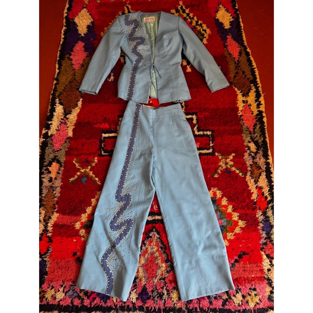 Vintage Silvia's Costume Baby Blue Rhinestone Western Suit Sz S