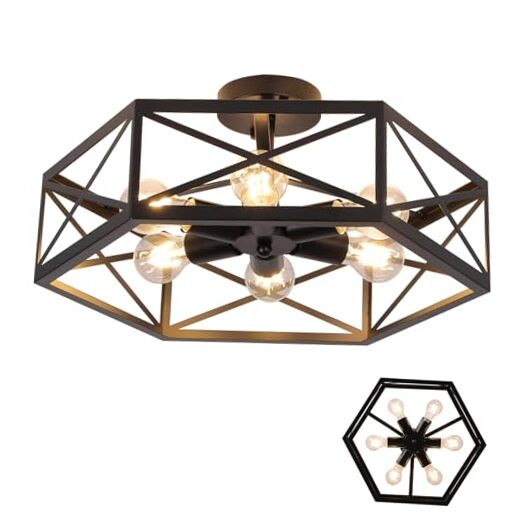 Black Farmhouse Semi Flush Mount Chandelier with 6 Lights 20 Inch Kitchen Ceiling Fixture