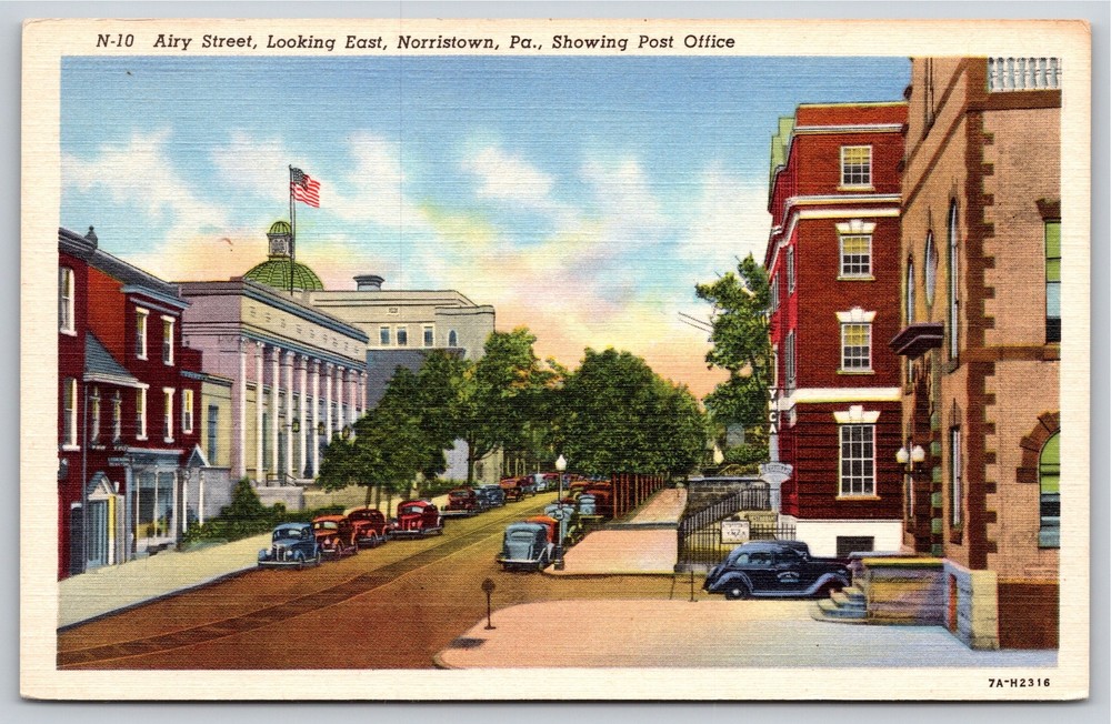 Norristown Pennsylvania~Airy Street Looking East @ Post Office~Vintage Linen PC